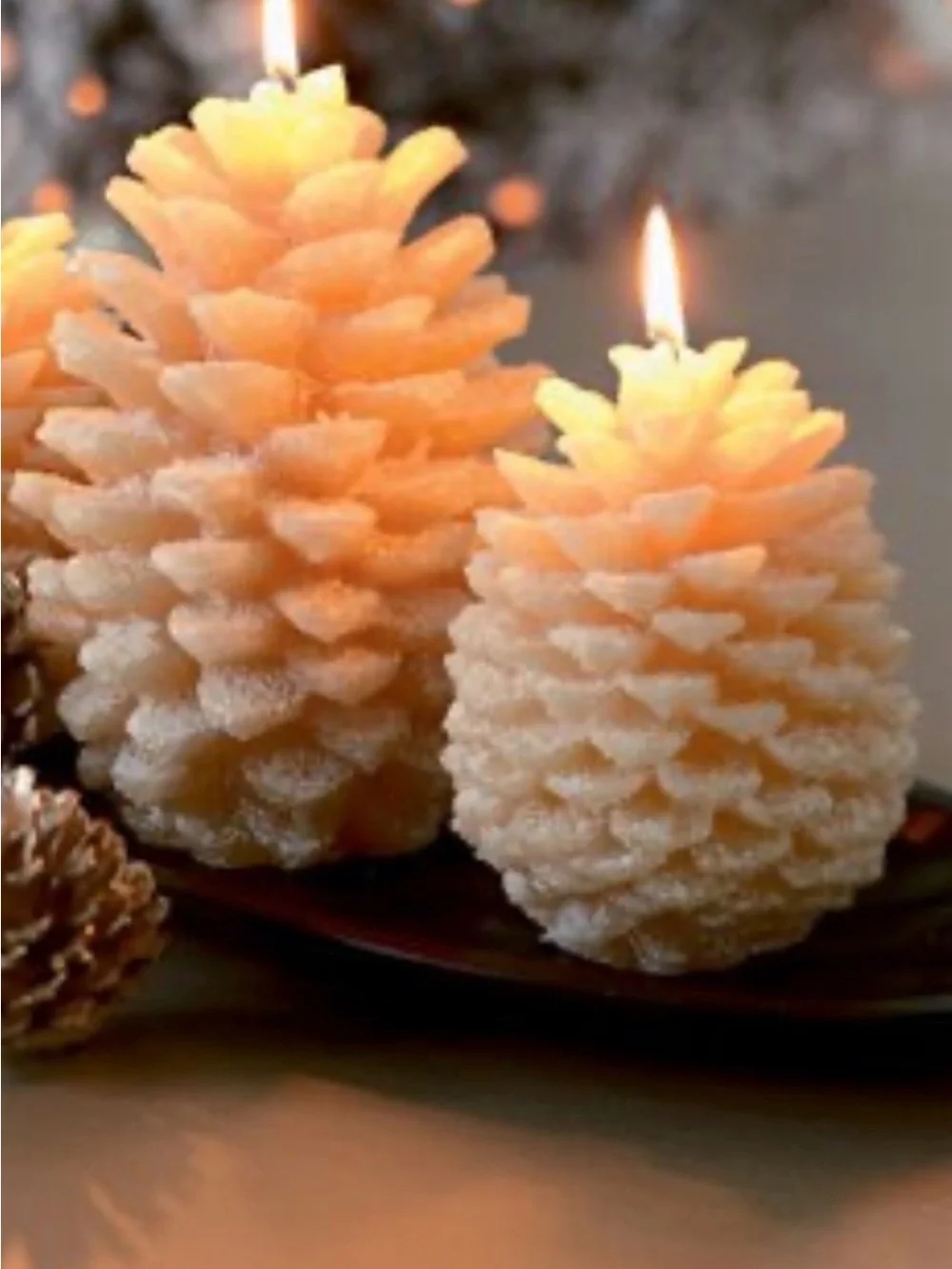 Crate and Barrel set of 2 Glis Ivory Pinecone Decorative Candles